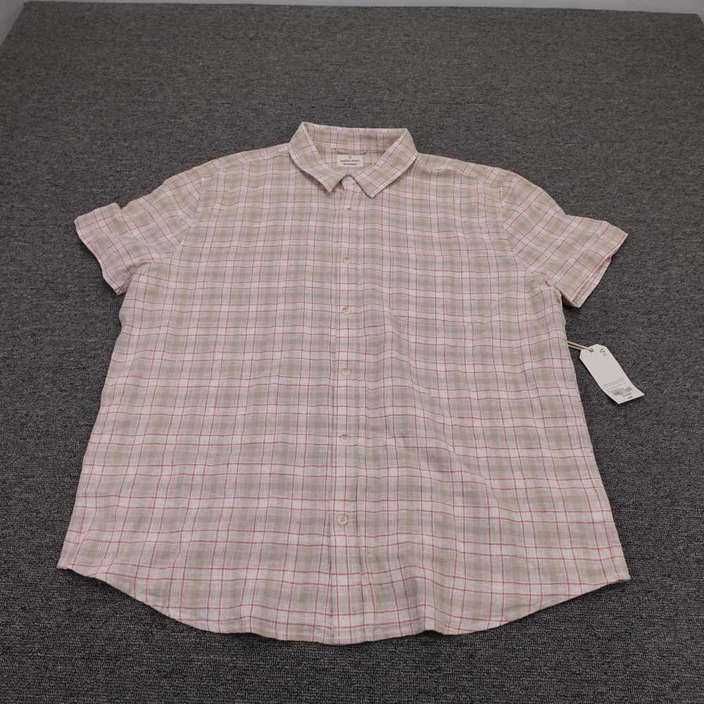 Mutual Weave Shirt Mens 2XL Beige Plaid‎ Linen Cotton Short Sleeve Button Up